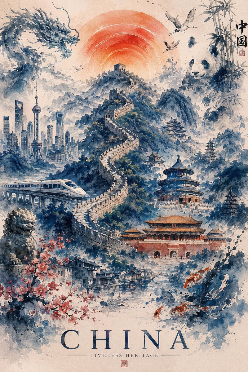 超精细的水彩旅行海报,画的是日本,采用精致的传统日本水墨画(sumi-e)风格,配以柔和的粉彩色调和带有肌理感的手工纸张。一座雄伟的雪顶富士山矗立在画面中央,背景是一轮巨大的深红…