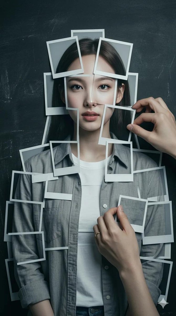 8K 超写实摄影作品：人物形象由拍立得相纸层层叠放组成，置于深色、做旧、石板质感、现代极简风格的背景之上。画面中的人物呈现参考面孔，由约 20 张独立照片精心…