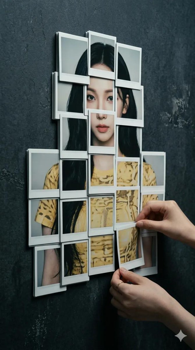 8K 超写实摄影作品:人物形象由拍立得相纸层层叠放组成,置于深色、做旧、石板质感、现代极简风格的背景之上。画面中的人物呈现参考面孔,由约 20 张独立照片精心拼贴而成,照片中显示…