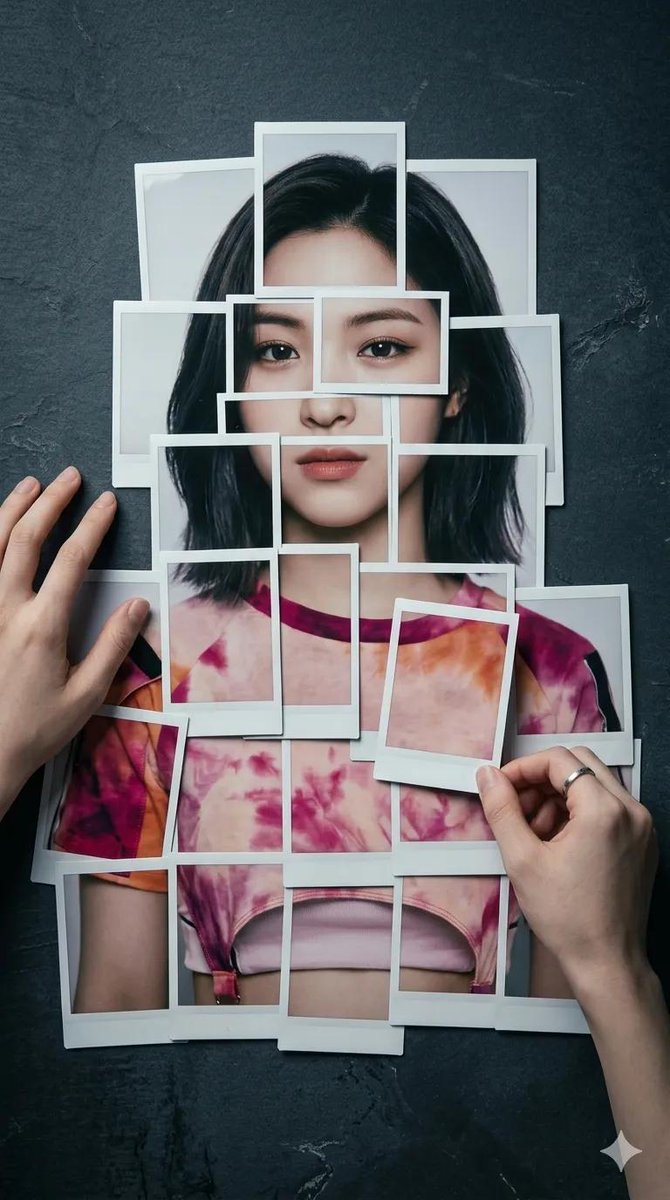 8K 超写实摄影作品:人物形象由拍立得相纸层层叠放组成,置于深色、做旧、石板质感、现代极简风格的背景之上。画面中的人物呈现参考面孔,由约 20 张独立照片精心拼贴而成,照片中显示…