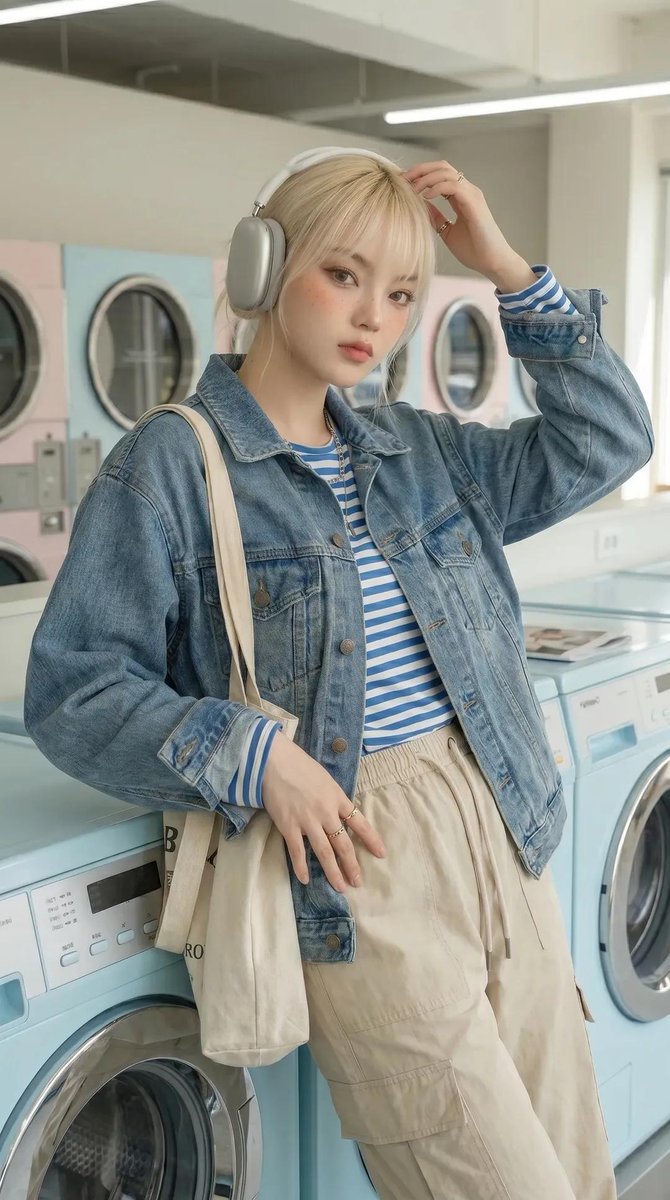使用参考照片，同时保持面部完全不变，与原始主体保持一致。 一位女性时尚模特身处一家现代化的自助洗衣店内，四周是一排排粉彩色的洗衣机。她身穿一件宽松的复古牛仔外套，内搭蓝白条纹衬衫…