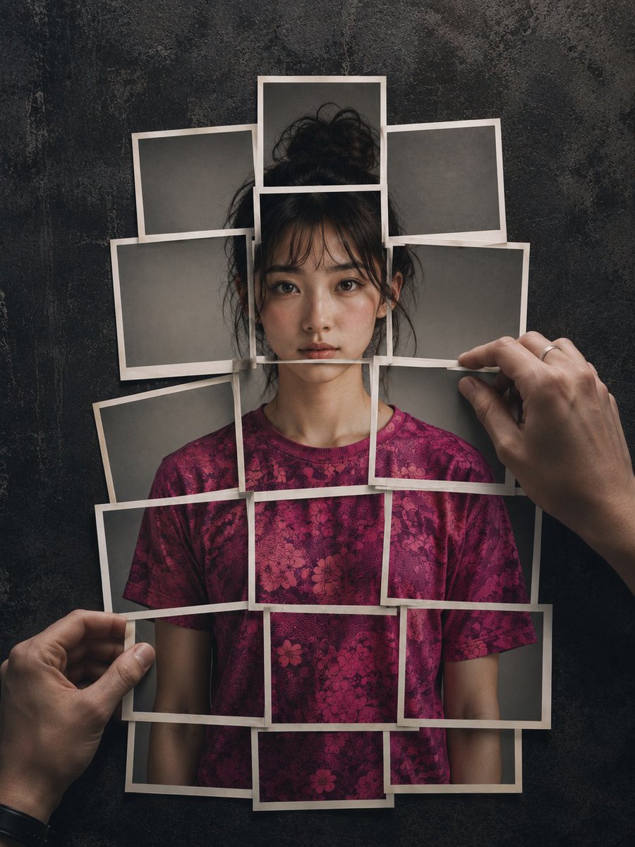 8K 超写实摄影作品,画面中的人形由宝丽来即时成像照片层层叠加在深色、斑驳、带有石板纹理的极简现代背景之上。该人形呈现参考面容,由约 20 张分别印有紫红色(fucsia)花纹…