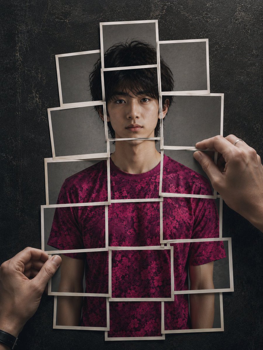 8K 超写实摄影作品,画面中的人形由宝丽来即时成像照片层层叠加在深色、斑驳、带有石板纹理的极简现代背景之上。该人形呈现参考面容,由约 20 张分别印有紫红色(fucsia)花纹…