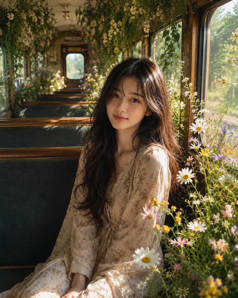 梦幻电影感人像：一位美丽的年轻女子坐在一节被改造成盛开花园的复古火车车厢内。柔和的金色阳光透过大型木框窗户倾泻而入，照亮精致的白色雏菊、野花以及从天花板垂落的层叠绿色藤蔓。女子拥…