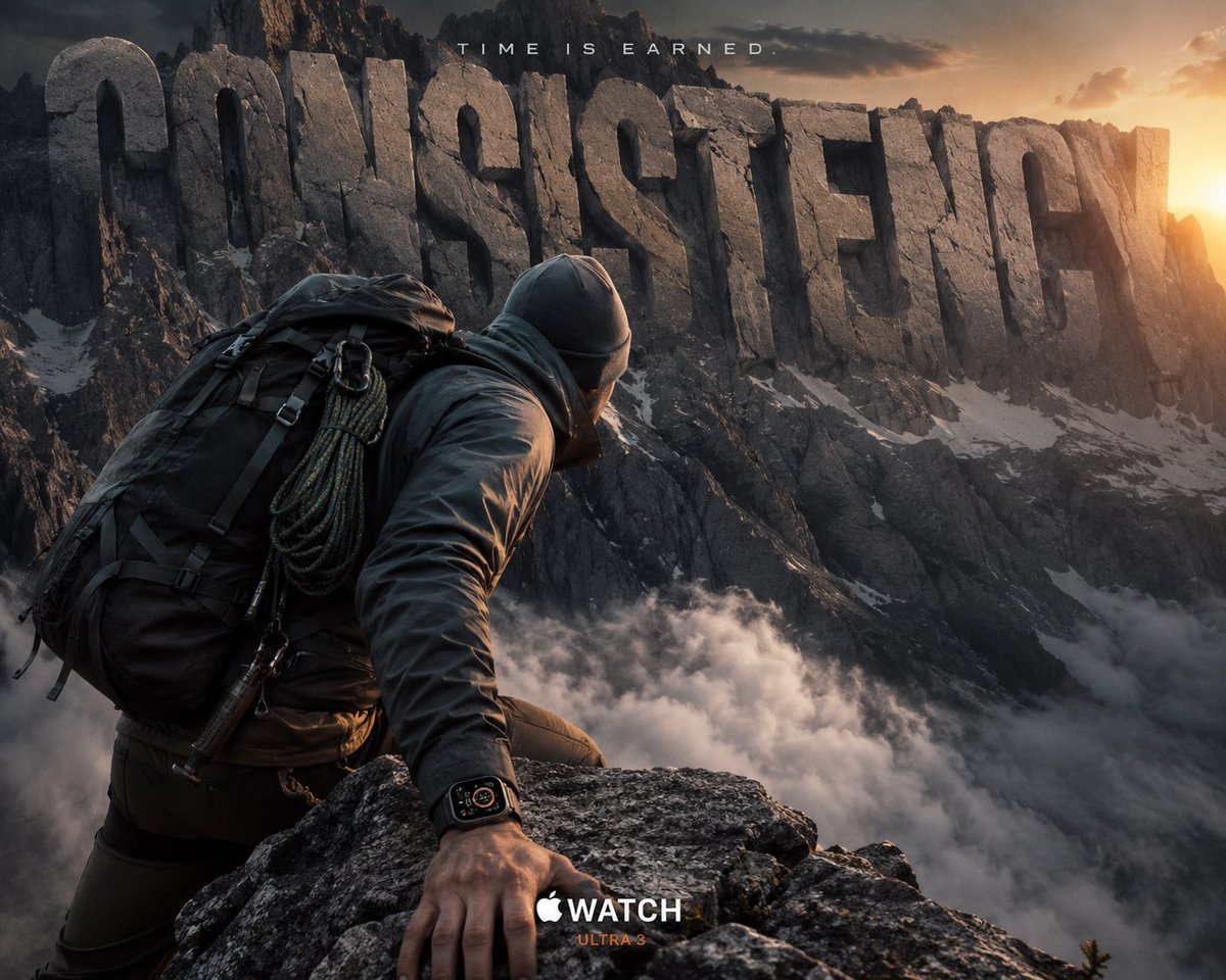 APPLE WATCH ULTRA 3 Theme: Time Is Earned 巨型字体单词： “CONSISTENCY” 一名运动员在黎明时分攀登山峰，奢华探险氛围，戏剧性…