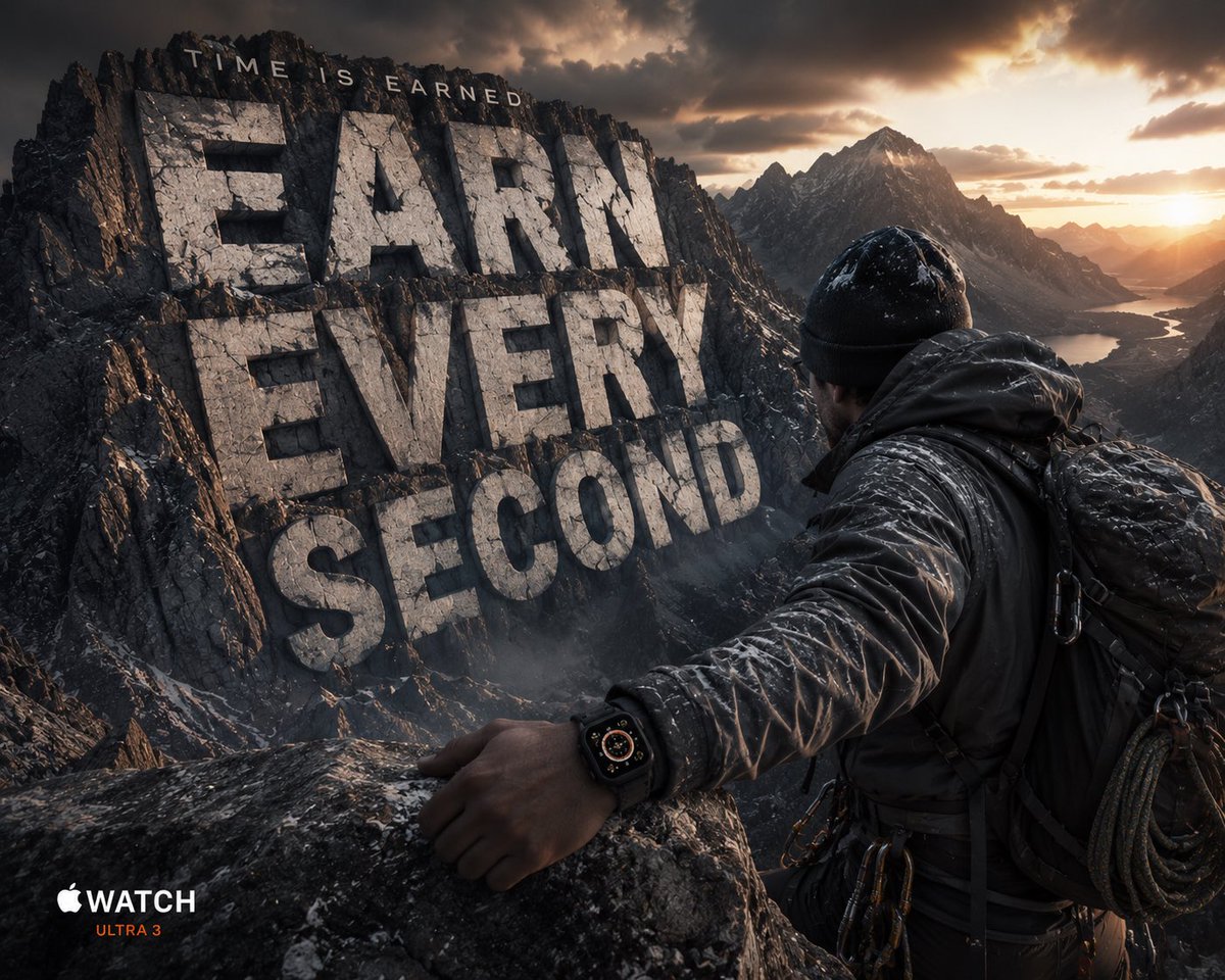 APPLE WATCH ULTRA 3 Theme: Time Is Earned 巨型字体单词： “CONSISTENCY” 一名运动员在黎明时分攀登山峰，奢华探险氛围，戏剧性…