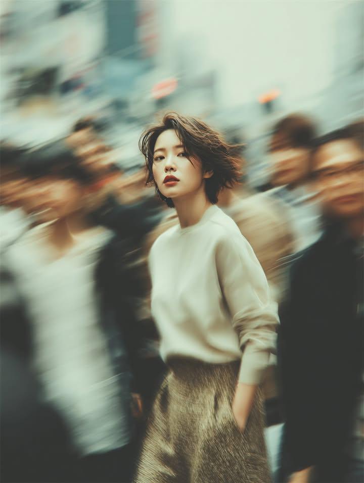 电影感城市街拍人像：一位年轻女性留着短而蓬松的头发,在涌动的人潮中纹丝不动地站立,目光平静而内省地直视镜头。她身穿柔软的米色针织毛衣和有质感的棕色半身裙,配饰极简。周围的行人以梦…