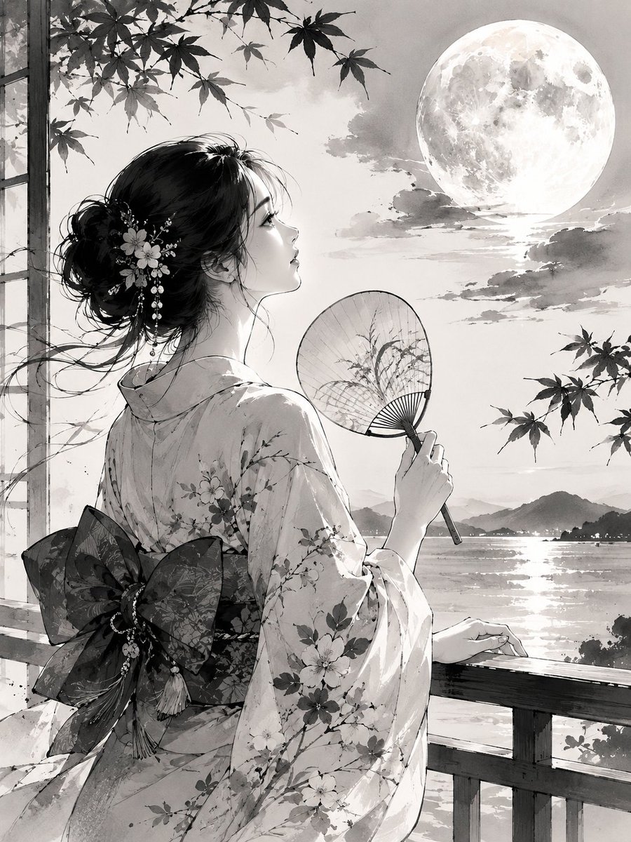 一幅在极简白色背景上绘制的素描，采用单色黑色电影美学，捕捉一位身着浴衣的日本佳人凝视夜晚明月的优雅身姿，以黑墨与浅灰色描绘的画作，柔和的炭笔轮廓线，细腻的黑色笔触，柔和的墨色晕染…