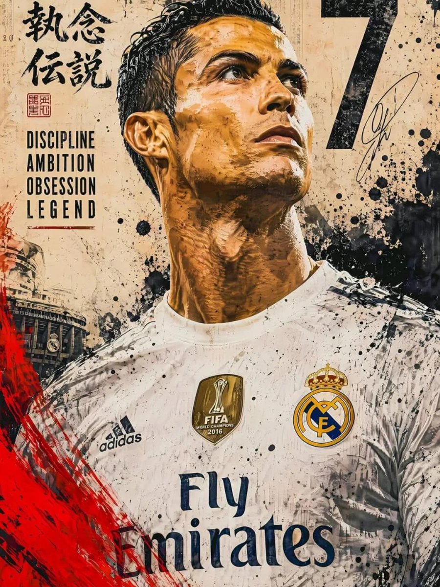 C罗（Cristiano Ronaldo）启发传奇足球海报，超精细数字插画，英雄式仰视目光，强烈坚定的表情，特写肖像主导构图，动态泼溅颜料与墨水质感，复古做旧海报美学，葡萄牙红、…