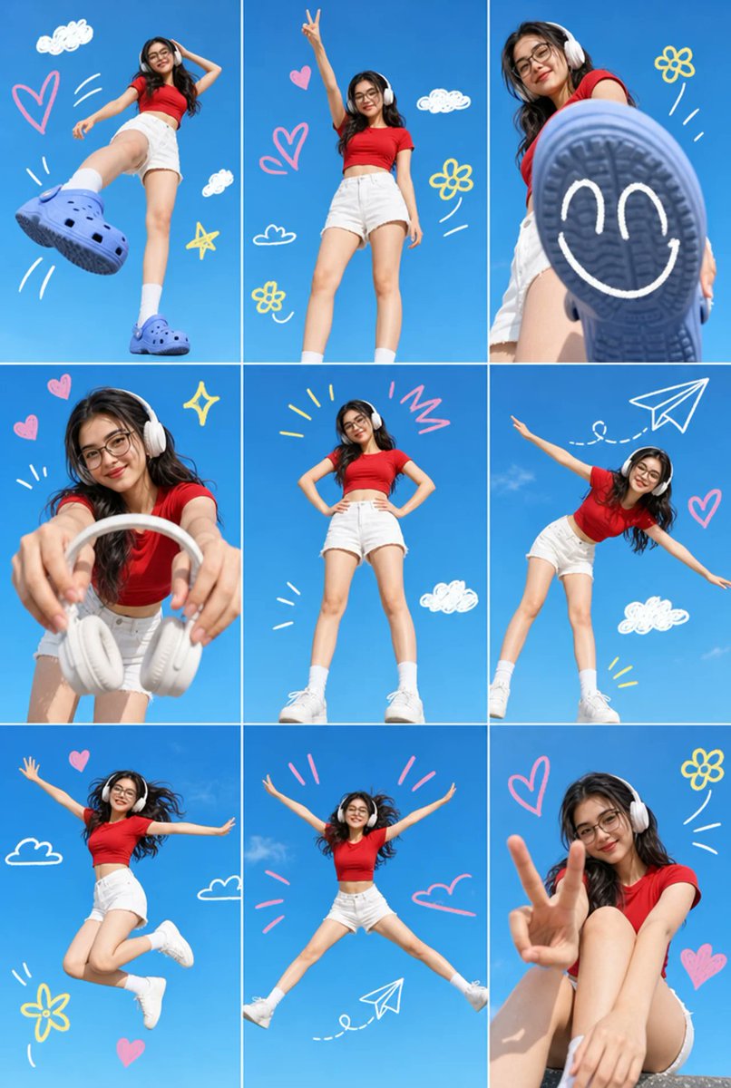 一个 3x3 网格拼贴，包含同一亚洲年轻女性的九张独立照片，从上传的图片中提取，肤色较浅，风格为生活方式和社交媒体内容创作者的美学。她身穿红色紧身短款上衣、白…