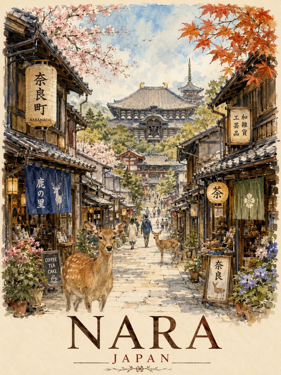 日本奈良的超精细复古旅行海报插画，采用精致的水彩与钢笔素描风格绘制。一条迷人的奈良町传统日本街道向远方延伸，两旁林立着保存完好的木结构町家民居、手工艺商店、茶馆、悬挂的灯笼、暖帘…
