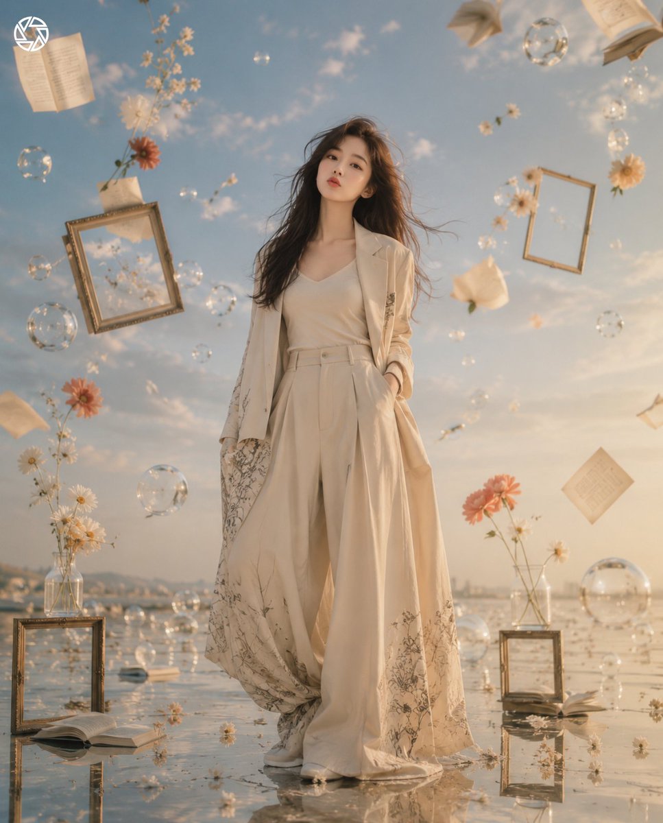 空灵超现实的时尚场景,一位女性站在开阔天空下的一面倒影地面上,周围环绕着漂浮的物体(书籍、纸张、花朵、玻璃球、画框),柔和的风动,优雅的长款大衣与阔腿长裤,极…