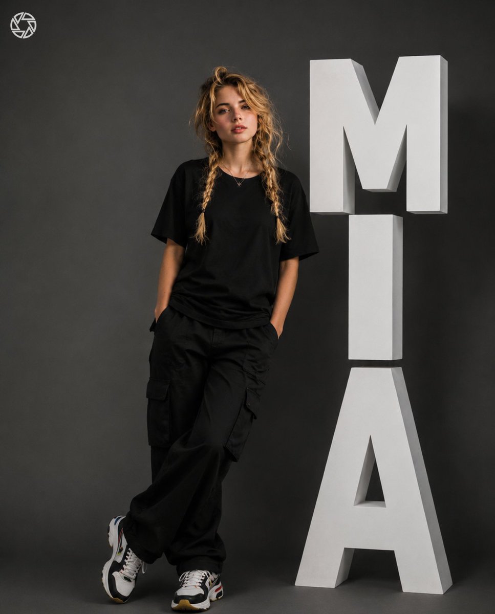 {MIA}" 全身工作室时尚人像，随意倚靠在拼写为"{MIA}"的大型垂直立体块状字母上，简洁现代的编辑级构图。女性模特身穿宽松的黑色超大号T恤和黑色工装裤…