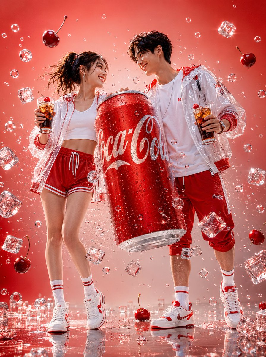 GPT Image 2 on ChatGPT 🍸✨️ 提示词 ⬇ 一对年轻的日本情侣，女士和男士，两人面带灿烂的笑容，俏皮地互相凝视。女士身穿白色短款上衣、红…