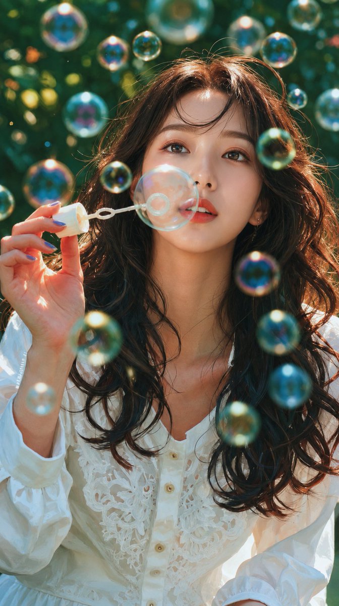 超写实电影感人像肖像，户外郁郁葱葱的绿色花园中，一位美丽年轻的东亚女性，嘴唇旁手持泡泡棒吹出肥皂泡，眼神梦幻地直视镜头，深棕色长波浪卷发自然飘扬，柔和的微风将发丝轻拂过前额，无瑕…