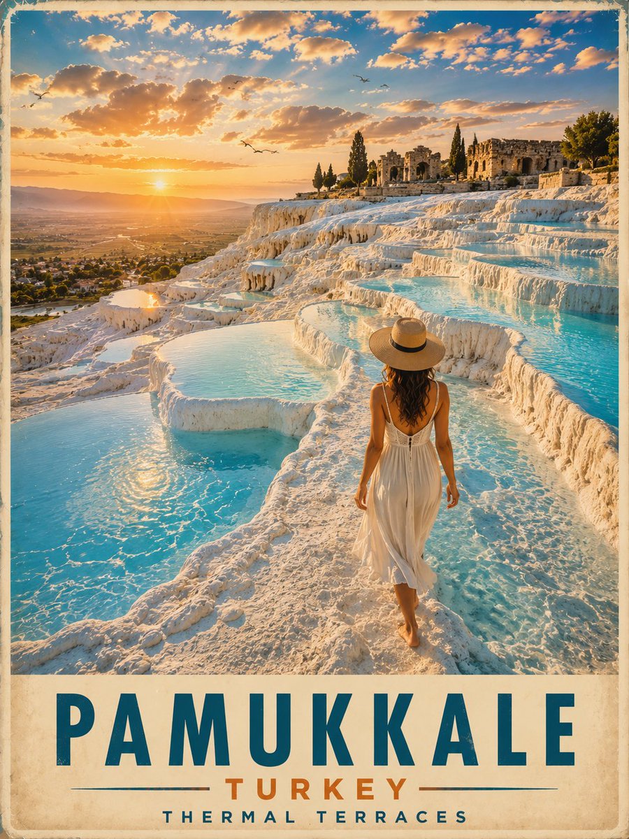 超具传播力的复古风格土耳其棉花堡(Pamukkale)旅行海报,采用永恒的复古旅游设计风格。令人屏息的黄金时刻场景,标志性的白色石灰华热阶梯从山坡倾泻而下,注满清澈见底的绿松石色…