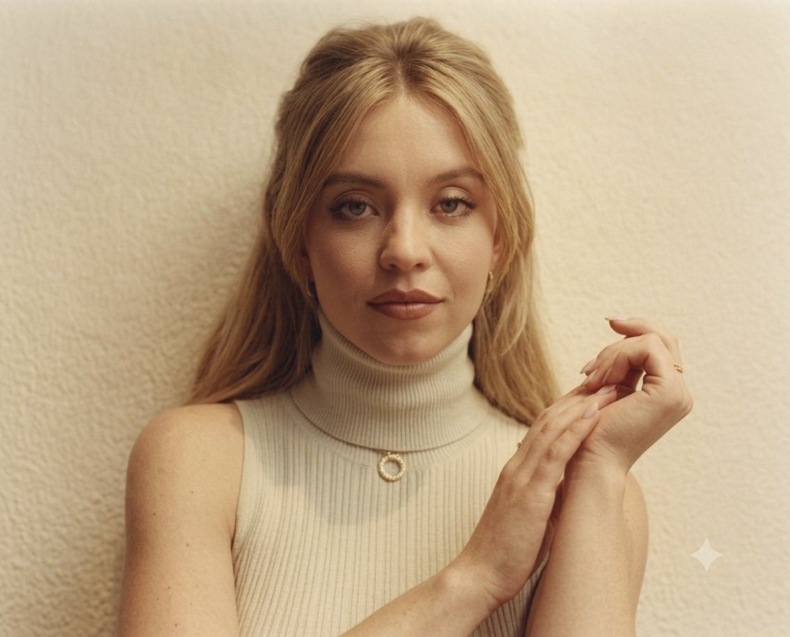 一幅高品质的悉尼·斯威尼(Sydney Sweeney)近距离肖像,她优雅地摆姿势,背景是温暖、有质感的米白色。她身穿一件奶油色罗纹无袖高领上衣,搭配一条精致的金色细链项链,吊坠…