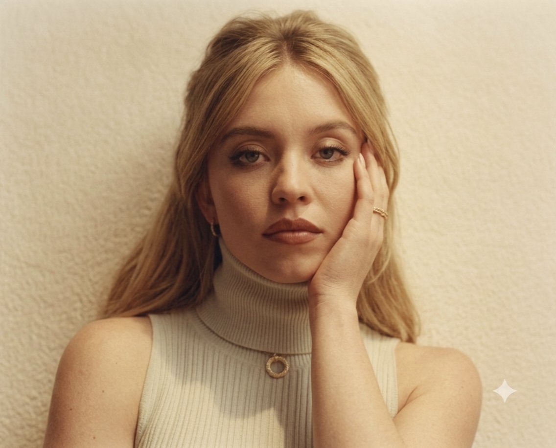 一幅高品质的悉尼·斯威尼(Sydney Sweeney)近距离肖像,她优雅地摆姿势,背景是温暖、有质感的米白色。她身穿一件奶油色罗纹无袖高领上衣,搭配一条精致的金色细链项链,吊坠…