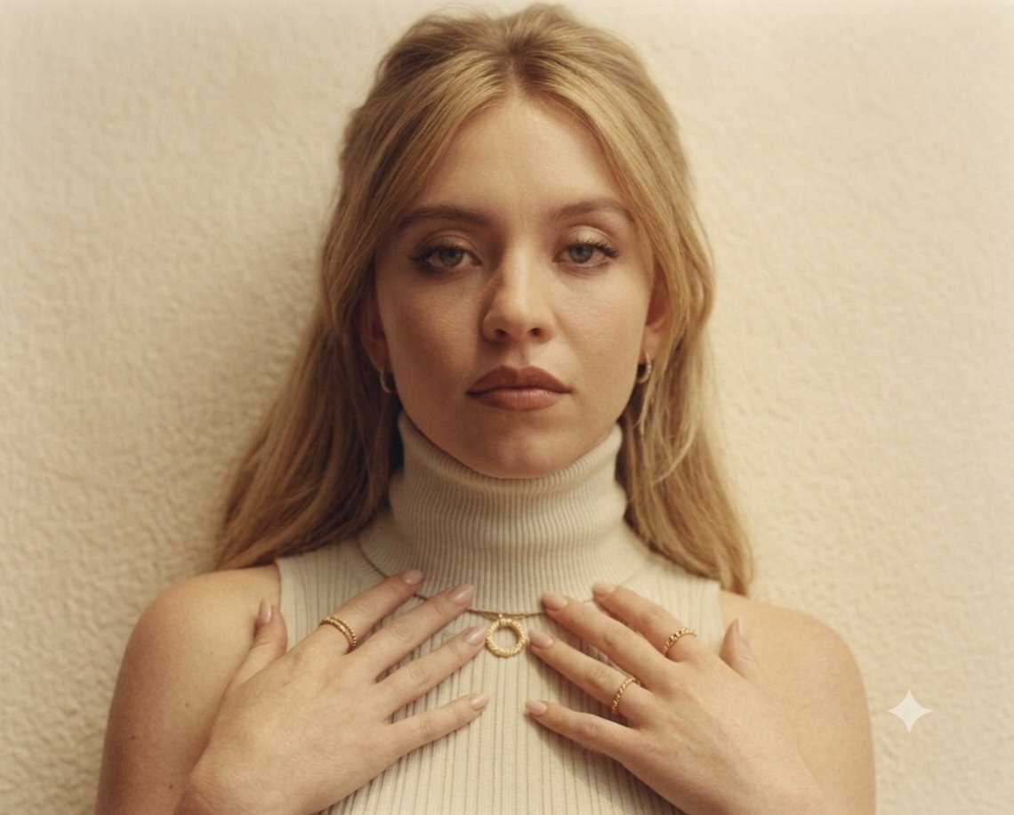 一幅高品质的悉尼·斯威尼(Sydney Sweeney)近距离肖像,她优雅地摆姿势,背景是温暖、有质感的米白色。她身穿一件奶油色罗纹无袖高领上衣,搭配一条精致的金色细链项链,吊坠…