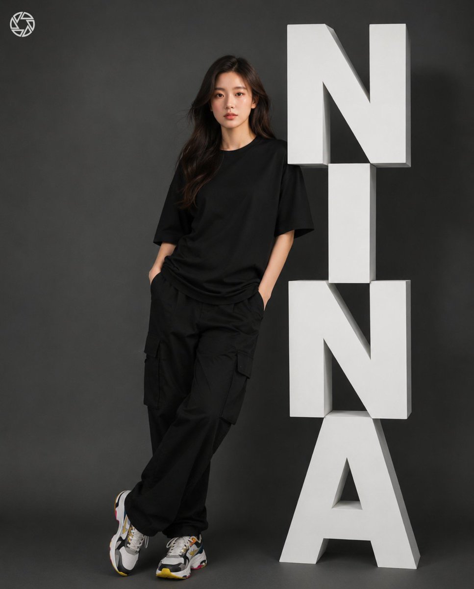 {NINA}"全身工作室时尚人像,随意倚靠着拼写为"{NINA}"的大型垂直3D立体字母,干净现代的编辑构图。女性模特身穿宽松黑色超大号T恤和黑色工装裤,双手…