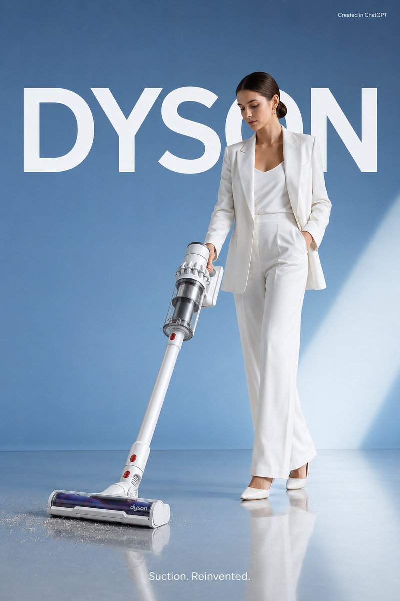 极简风格的商业广告，主打产品为一台超大尺寸的白色 Dyson V15 吸尘器，整体呈现极致洁净的奢华美学。一位时尚年轻女性身穿全白色时装造型，在反光锃亮的地板…