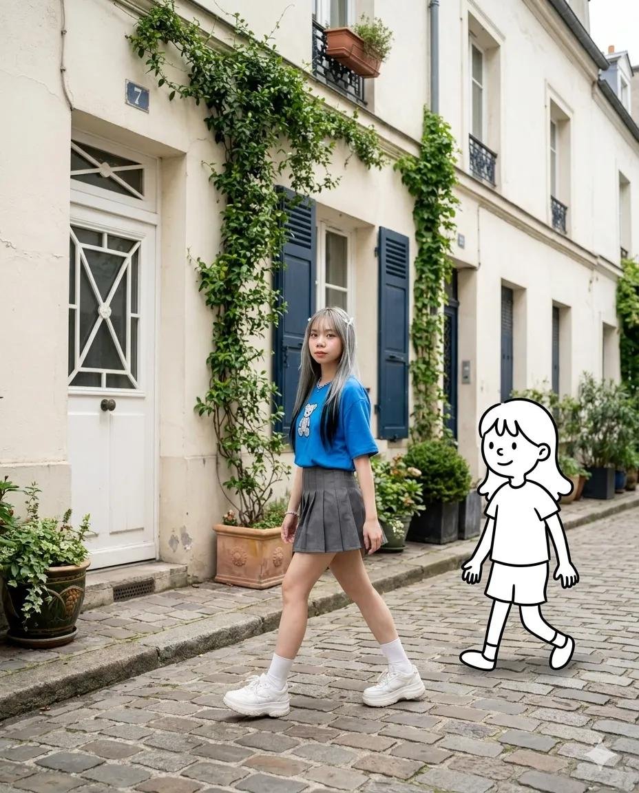 GPT IMAGE 2 on ChatGPT Prompt 1: 照片写实风格的时尚街拍场景 一位时尚年轻女性,留着柔和粉彩色长发,发色从淡粉色渐变到柔和玫瑰色调,在一条安静的欧…