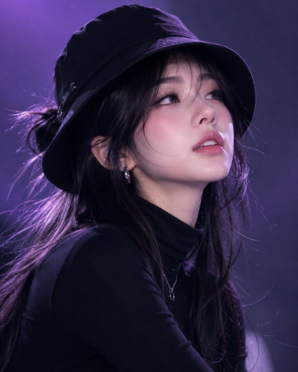 年轻韩国女性,黑色渔夫帽,黑色高领毛衣,长黑发扎成半扎发型,水光粉色双唇,无瑕光泽肌肤,下巴微微低垂,眼睛向上望向镜头,表情自信且神秘。极简渐变紫色影棚背景,冷调戏剧性打光,柔和…