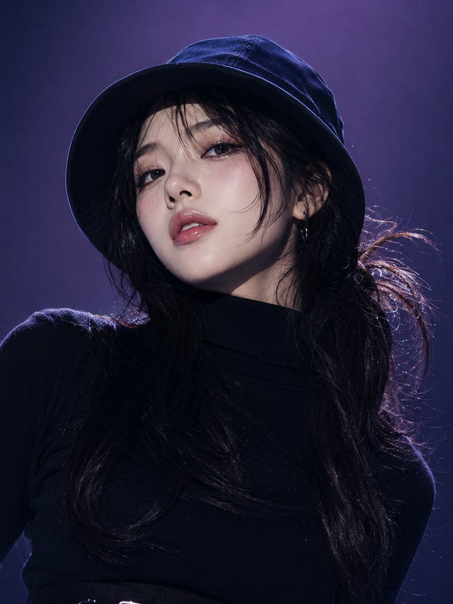 年轻韩国女性,黑色渔夫帽,黑色高领毛衣,长黑发扎成半扎发型,水光粉色双唇,无瑕光泽肌肤,下巴微微低垂,眼睛向上望向镜头,表情自信且神秘。极简渐变紫色影棚背景,冷调戏剧性打光,柔和…