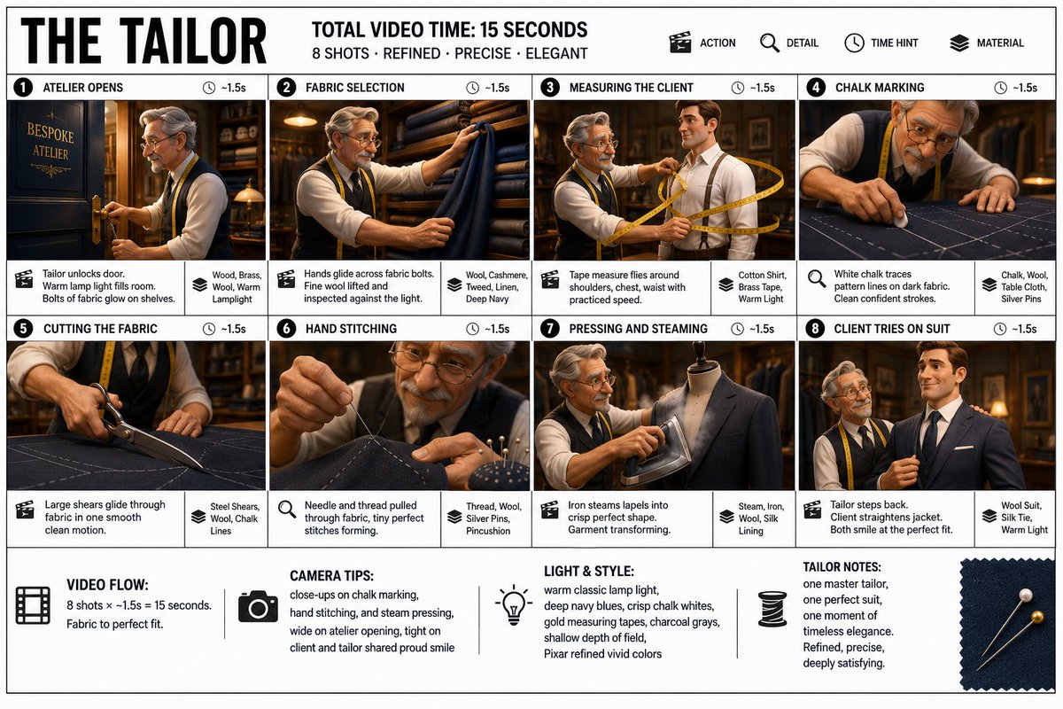 制作一张干净利落的「THE TAILOR(裁缝)」信息图故事板海报。宽幅 16:9 版式,白色背景,黑色边框,粗体黑色字体,采用皮克斯高级 3D 风格化渲染…
