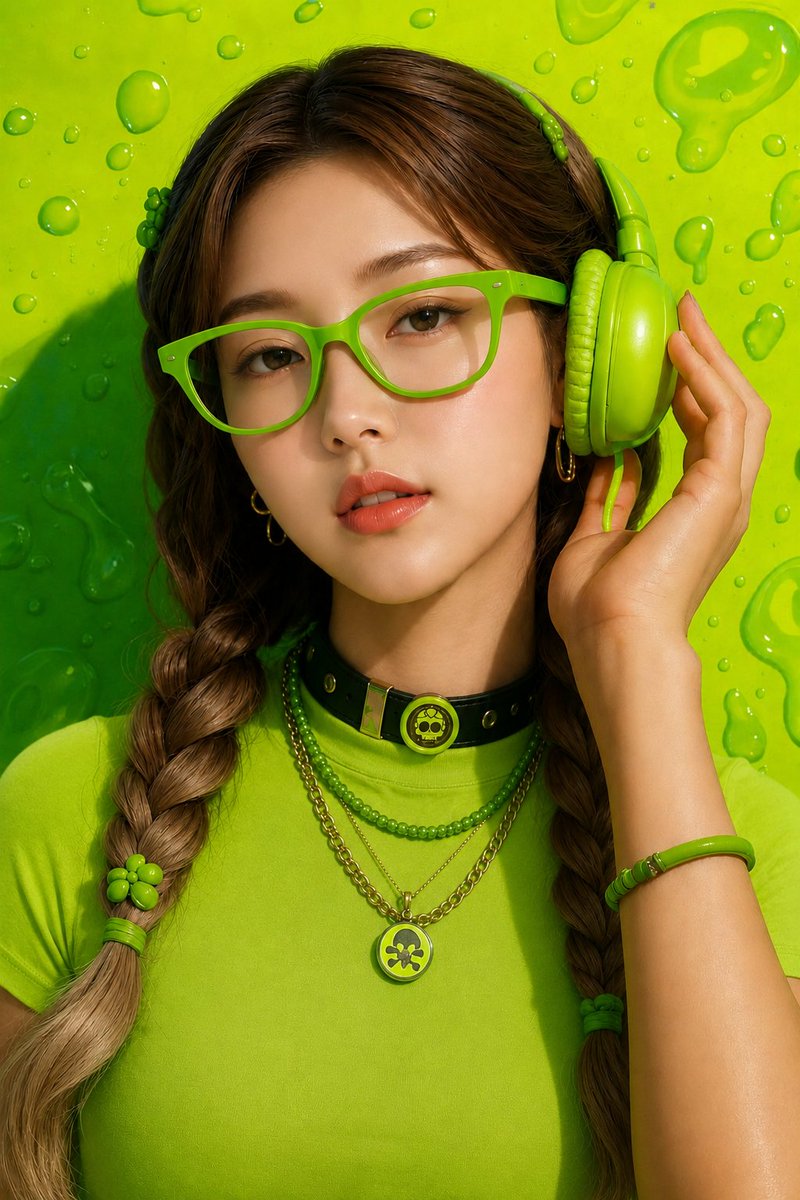 超写实特写时尚人像，年轻女性，居中构图，眼神平静自信地直视镜头，肤色白皙无瑕，双唇柔软光泽，妆容自然淡雅，棕色长发编成两条整洁的辫子马尾，搭配绿色花朵发饰，佩戴超大号青柠绿眼镜…