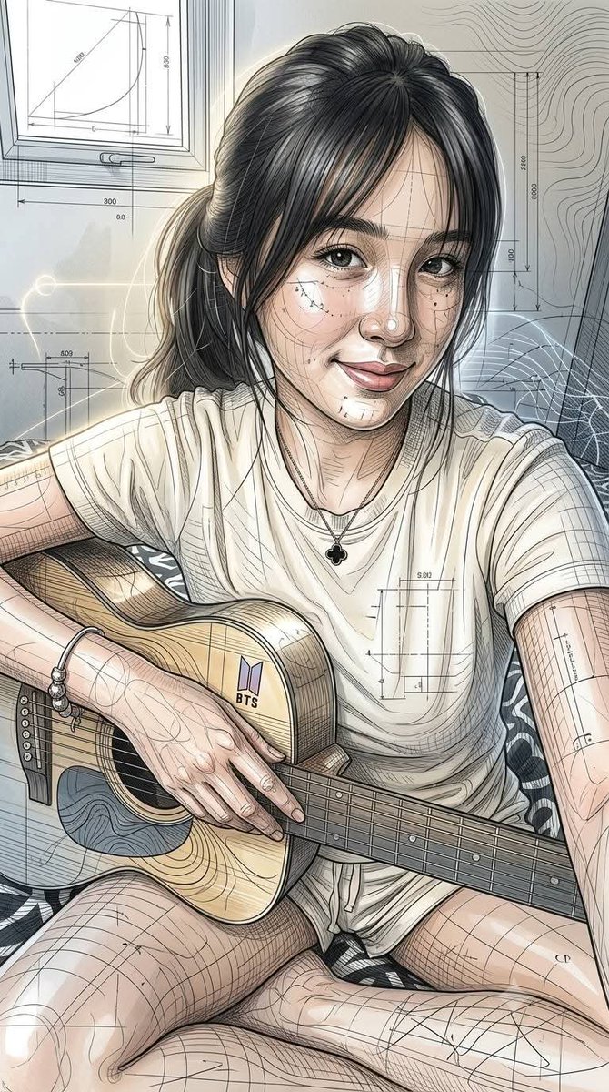 使用 Google Gemini nano banana pro 创建 提示 ⤵️ 超精细新参数化编辑插画，将优雅的绘画式人物渲染与未来主义建筑蓝图美学相结合。精致的流动线条、复…
