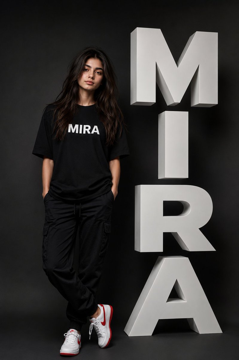 超写实时尚编辑风格海报:一位美丽的年轻女子站在巨大的垂直3D“MIRA”立体字旁。她拥有自然的小麦色肌肤、柔和的五官、棕色长波浪卷发,不戴眼镜,素颜出镜,嘴唇…