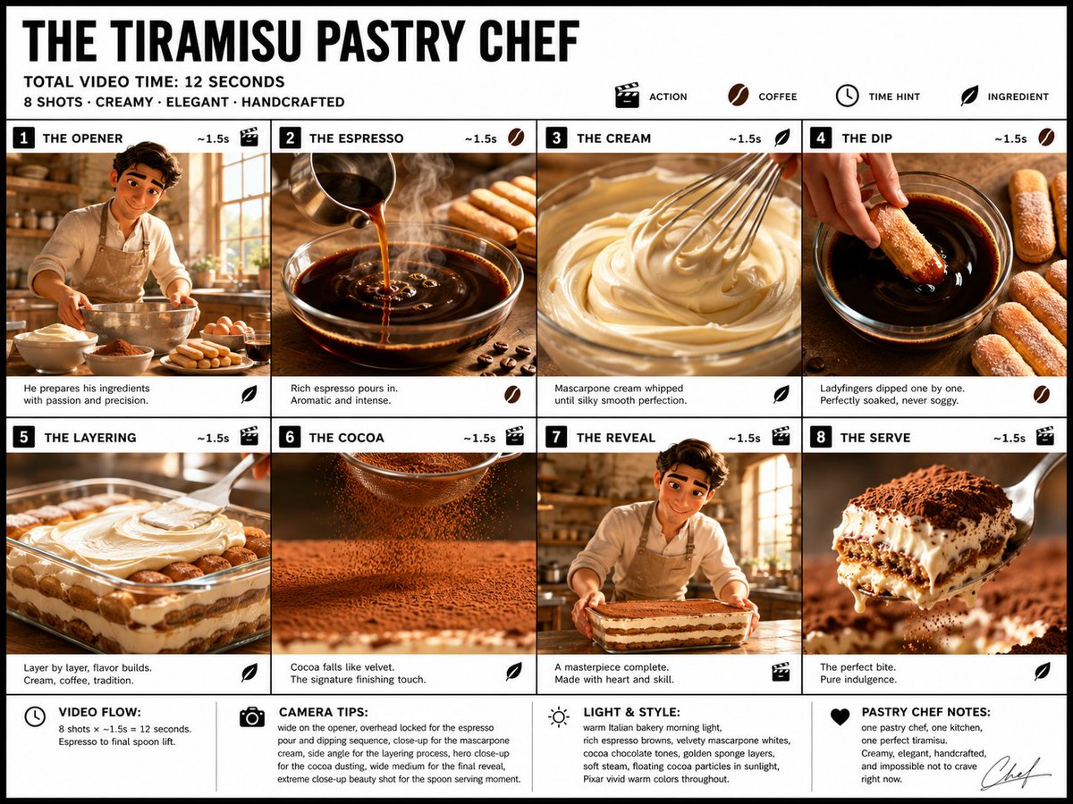 GPT Image 2 分镜提示词: "为 THE TIRAMISU PASTRY CHEF(提拉米苏烘焙师)创作一张清晰、简洁的信息图表风格分镜海报。宽幅…