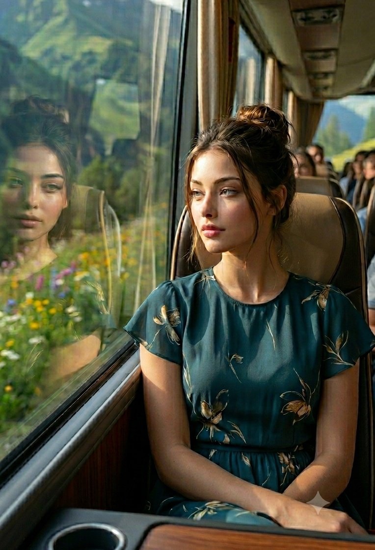 超写实电影感旅行人像 9:16，一位美丽的年轻女性舒适地坐在豪华大巴内靠大型窗户的位置，望向窗外郁郁葱葱的青山和色彩斑斓的花朵。背景座位上，其他乘客（女孩们）…
