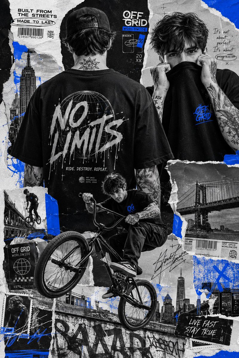 超创意街头服饰拼贴海报，以一位有纹身的BMX骑手和城市生活方式运动员为特色。多张剪贴照片以分层混合媒介构图排列。一幅背对镜头的大型肖像位于画面中央，身穿宽松的…