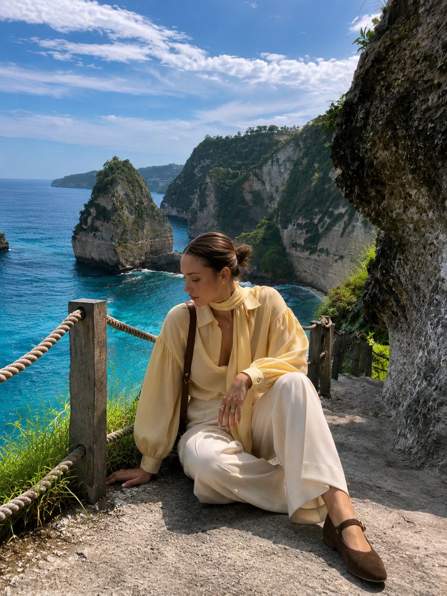 超写实奢华旅行时尚编辑摄影，画面中一位气质高雅的年轻女性自然地坐在悬崖边的海岸小径上，俯瞰壮丽的热带天堂。她身穿飘逸的粉彩色黄色丝质衬衫，袖型蓬松，领口为优雅的丝巾系带领口，搭配…