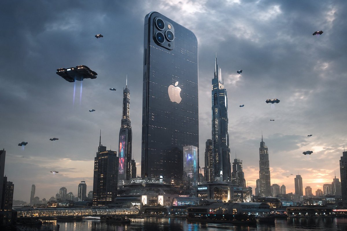 一座未来主义城市，由一座巨型苹果iPhone如摩天大楼般矗立主导，发光的屏幕照亮周围的建筑，飞行车辆，赛博朋克氛围，超写实建筑风格，电影级商业摄影，8K，超高…