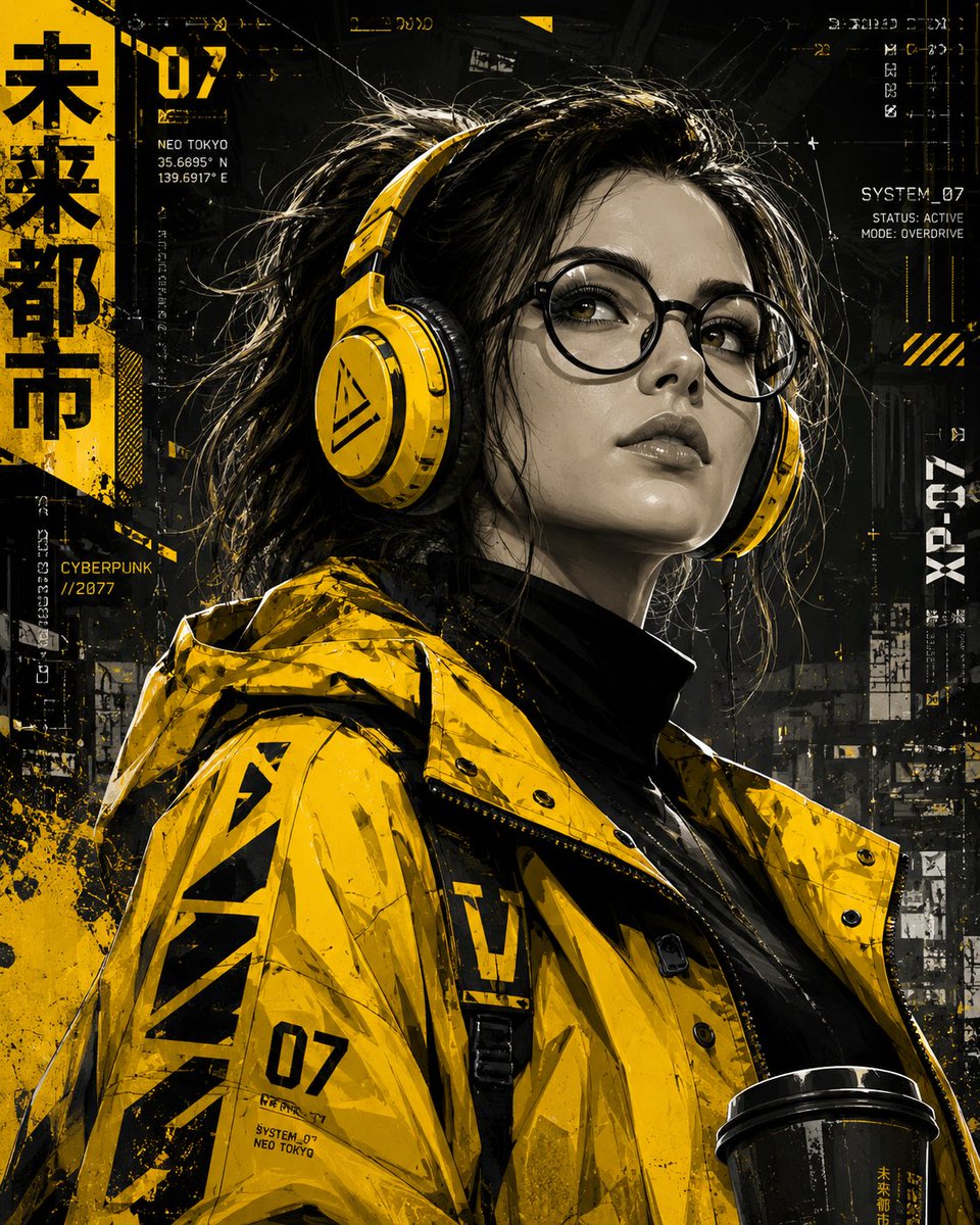 超精细赛博朋克风格数字插画，高端图形海报风格，描绘一位时尚前卫的未来主义年轻女性，目光充满智慧与分析感。她拥有富有表现力的杏仁形双眼、优雅的椭圆至心形脸庞、轮…