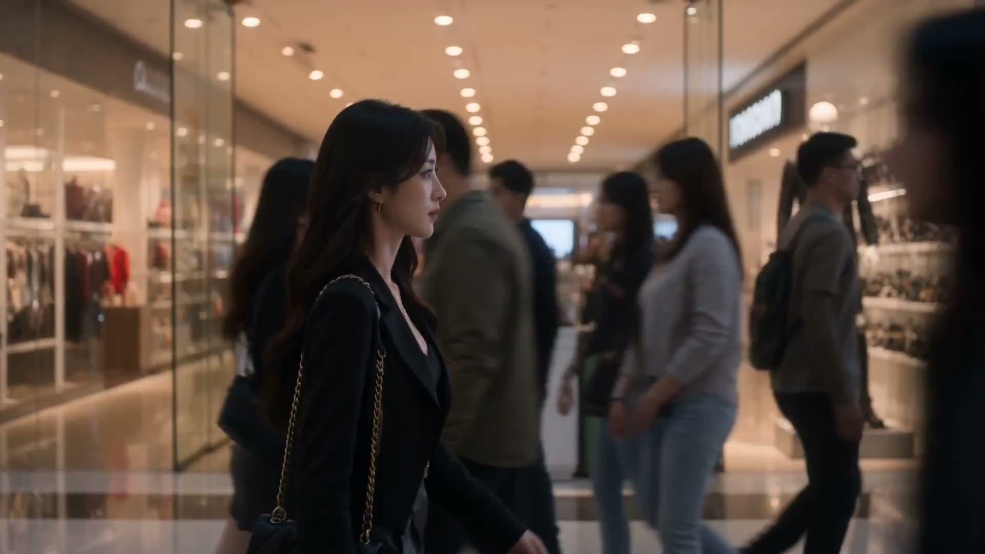 一位二十五六岁的东亚年轻女子平静地站在一座熙熙攘攘的现代化购物中心内；突然,一个身形高大的动漫风格反派身着暗黑夸张的盔甲出现,引发混乱,人群尖叫着四散奔逃;女…