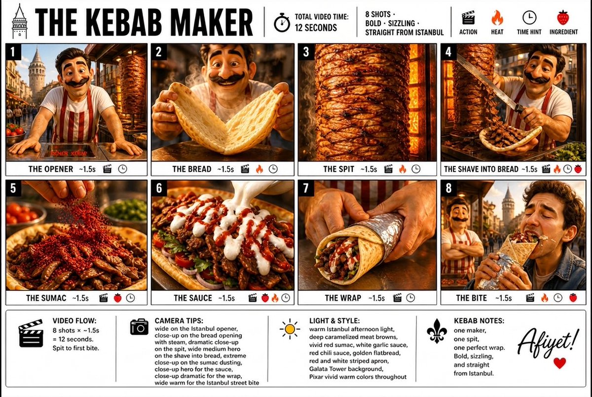 “为「THE KEBAB MAKER（土耳其烤肉大师）」制作一张清晰、简洁的信息图式分镜海报。宽屏 16:9 布局，白色背景，黑色边框，醒目的黑色字体，优质的…