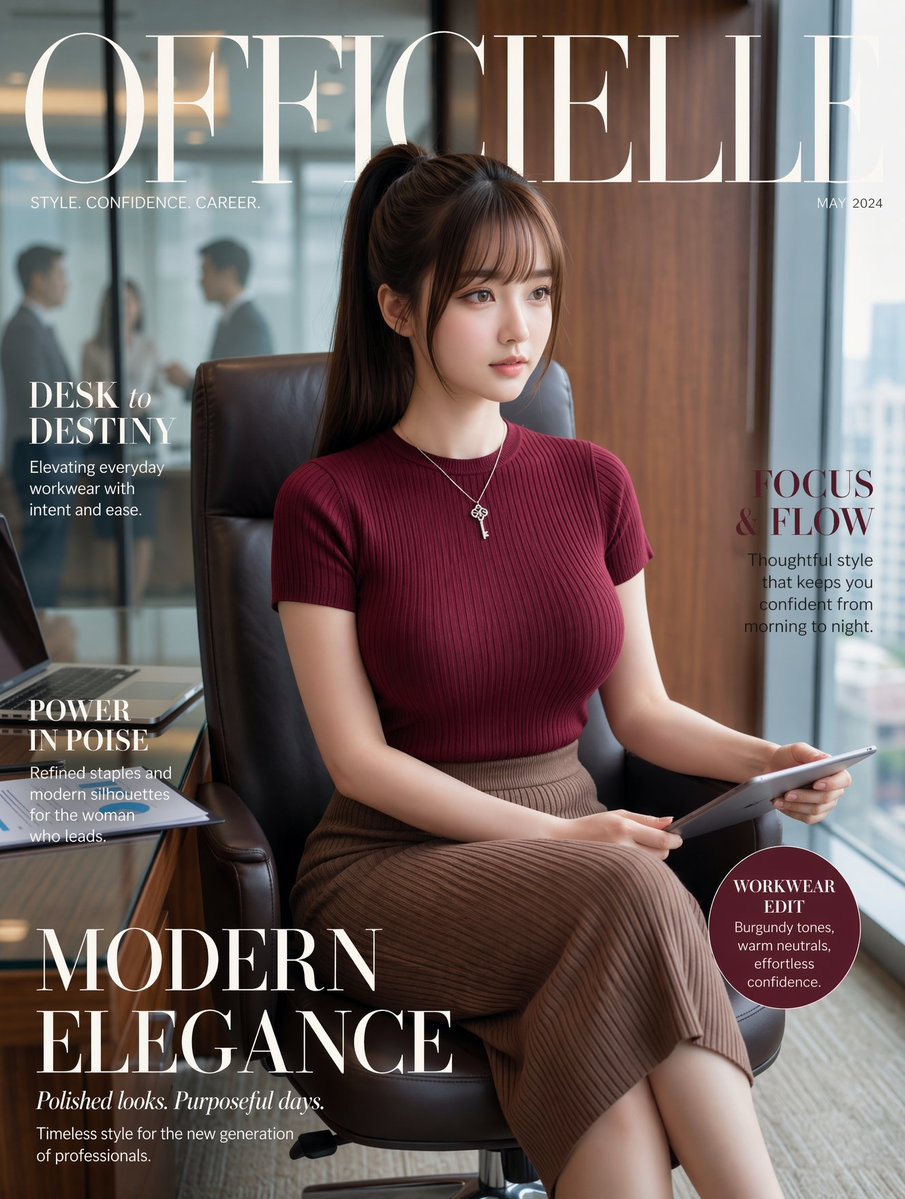 豪华时尚杂志封面，竖版肖像，画面中一位从容自若的年轻职业女性端坐在现代高层办公空间的一张黑色真皮办公椅上。她有着{argument name="hair co…