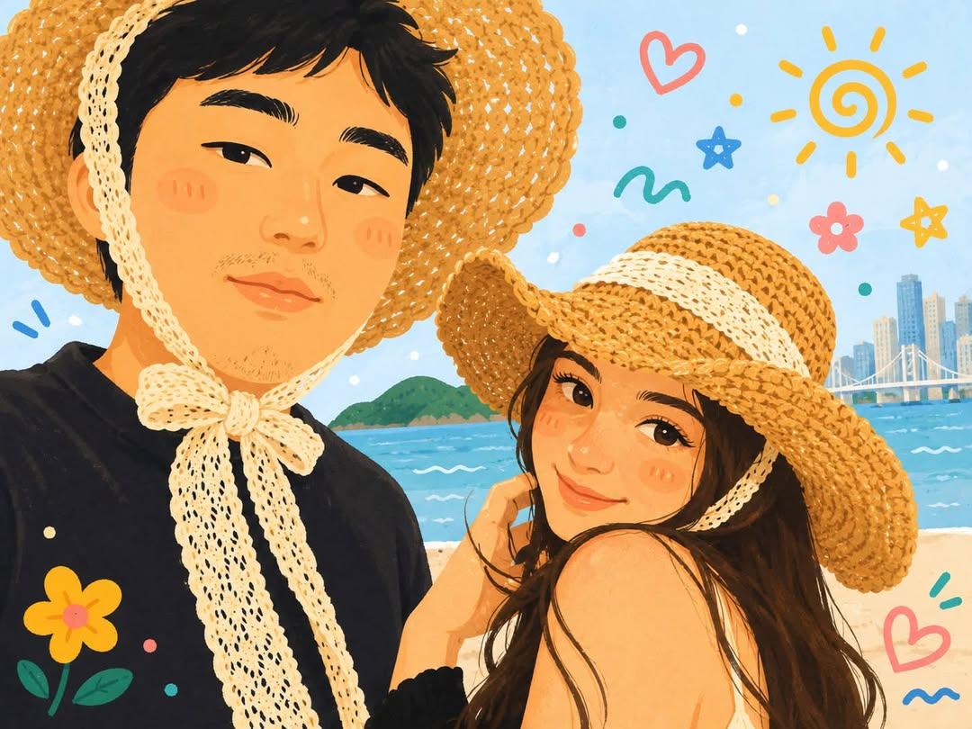 将上传的照片转换为一幅可爱的手绘韩国网络漫画风格插画，画中是一对幸福的情侣在户外自拍。柔和的粉彩色调，圆润有表现力的大眼睛，粉扑扑的脸颊，温暖的笑容，温馨浪漫的氛围，周围漂浮着迷…