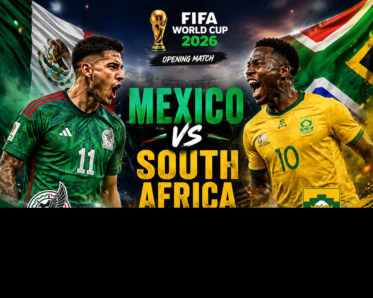 今晚的揭幕战谁会赢？ gpt image 2 提示词 超高端 2026 年 FIFA 世界杯揭幕战海报，墨西哥 vs 南非，戏剧性的面对面构图，两名激烈的足球…