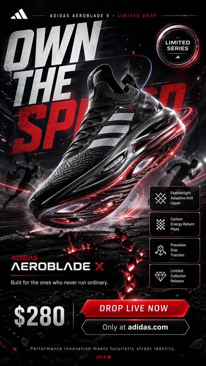 完整提示词:https://t.co/Rwk6EMWp7Z 为一款名为"ADIDAS AEROBLADE X - LIMITED DROP"的虚构超限量阿迪达斯运动鞋设计一张引人…