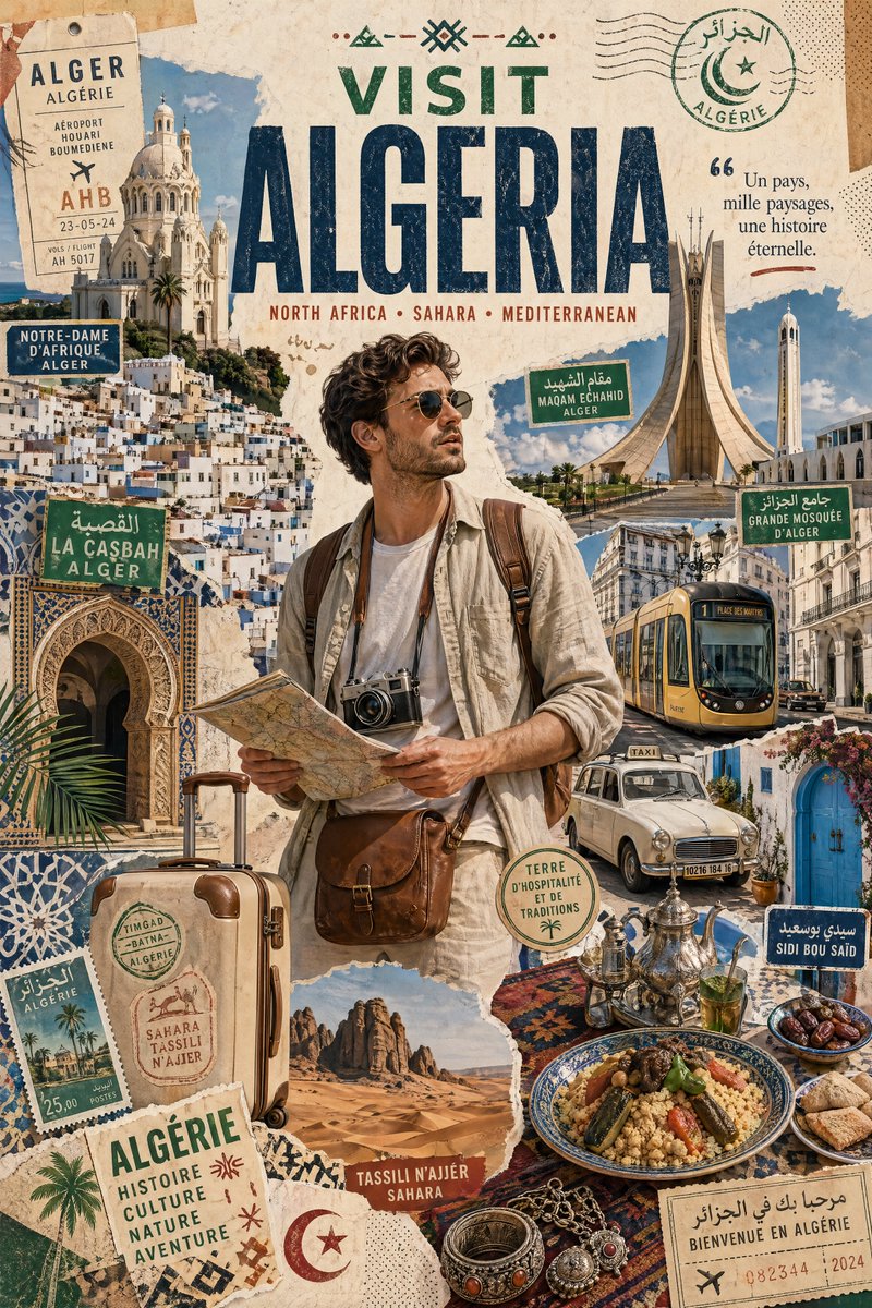 https://t.co/mDr5FWrInW 设计一张风格化的旅行海报/图形拼贴画，主题为[ALGERIA]（阿尔及利亚）。中心人物是一位时尚的国际游客，在[ALGERIA]中…