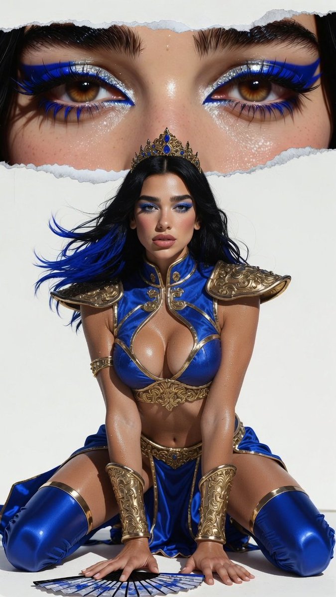 { "optimized_prompt": "超写实电影感图像，将 Dua Lipa 描绘为《真人快打》中的 Nitara，重新构想为奢华的蓝色与金色奇幻盔甲造型。她拥有 Dua…