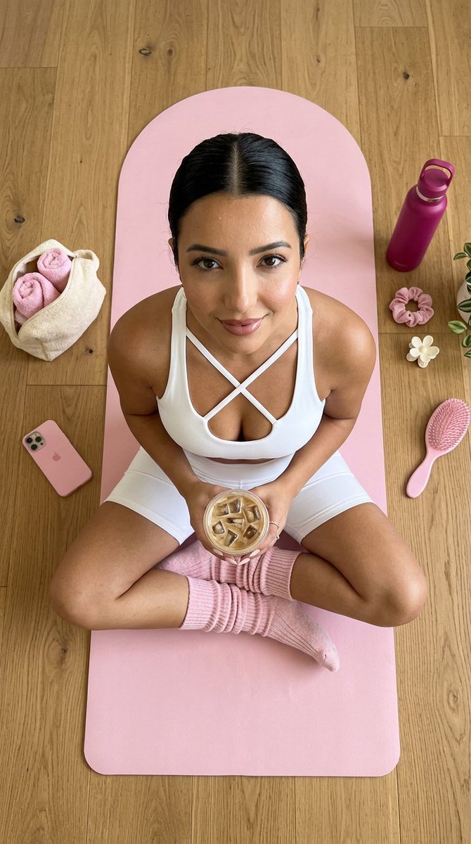 { "concept": "俯视编辑式平铺构图：女子盘腿坐在瑜伽垫上抬头看向镜头，手持一杯冰咖啡，周围整齐摆放着各种自我护理道具，整体呈现温馨的运动美学风格", "face_re…