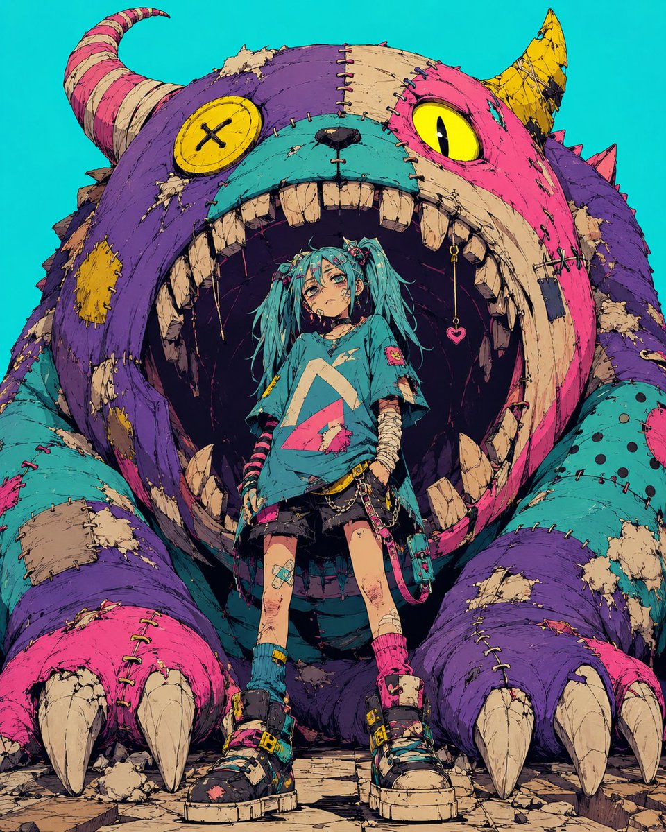 CHARACTER = skinny teenage scavenger with cyan twin-tail hair CREATURE = coloss…