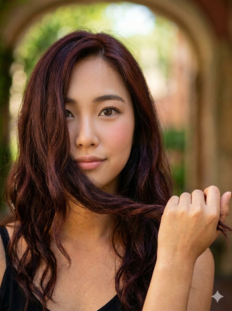 一张竖构图、特写、彩色的年轻韩国女性肖像，表情可爱动人。她带着温柔柔和的微笑，拥有一双大而有表现力的棕色眼睛，脸颊上隐约透着红晕。她的深红棕色波浪卷发倾泻而下…