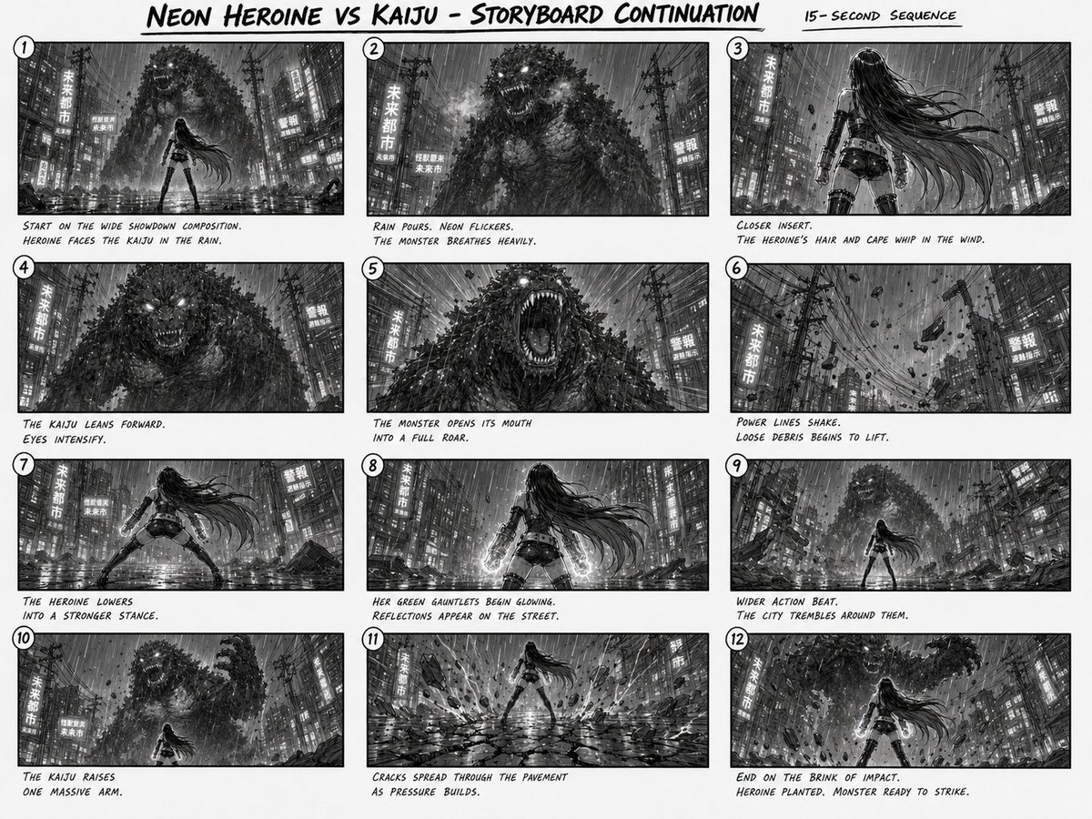 使用 @ firstframehr 作为起始帧。 使用 @ heroine 作为女孩。 使用 @ monster1 作为巨型怪兽（kaiju）。 风格： 电影…